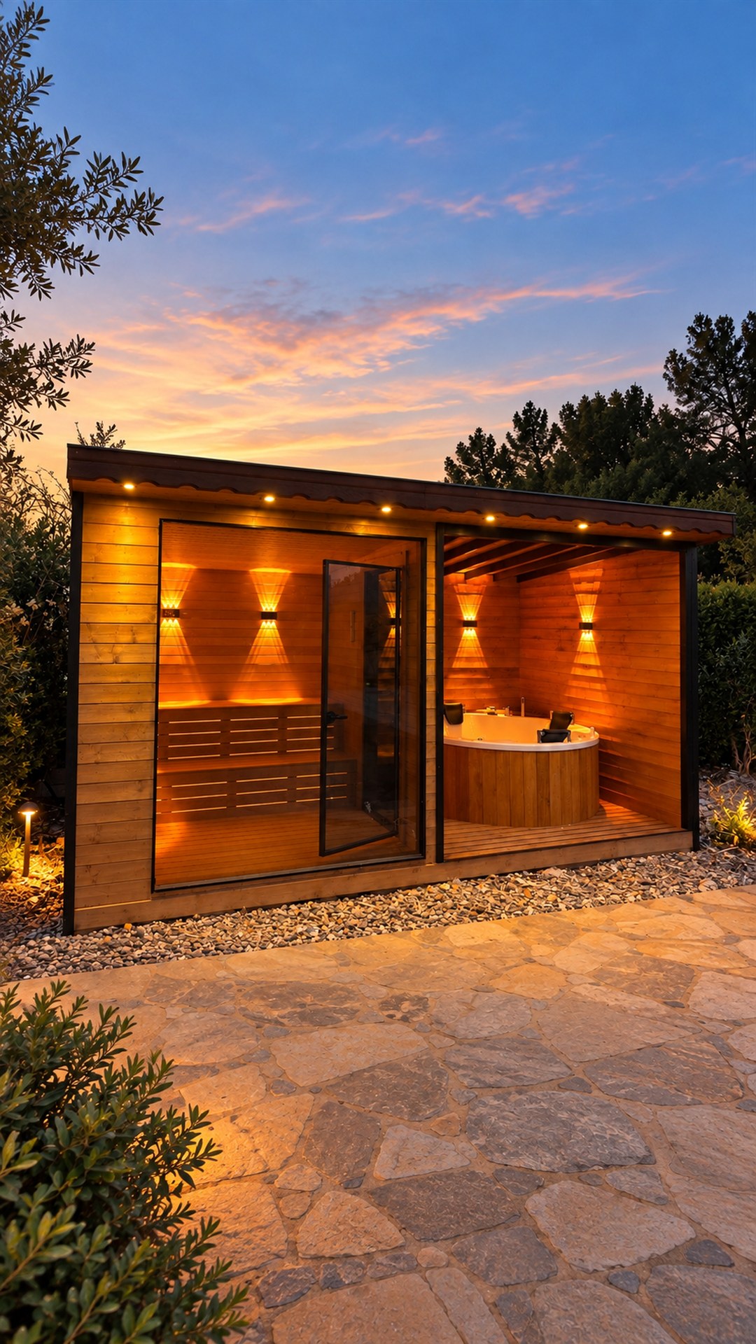 Ahşap sauna ve jakuzi modelinin akşam görünümü