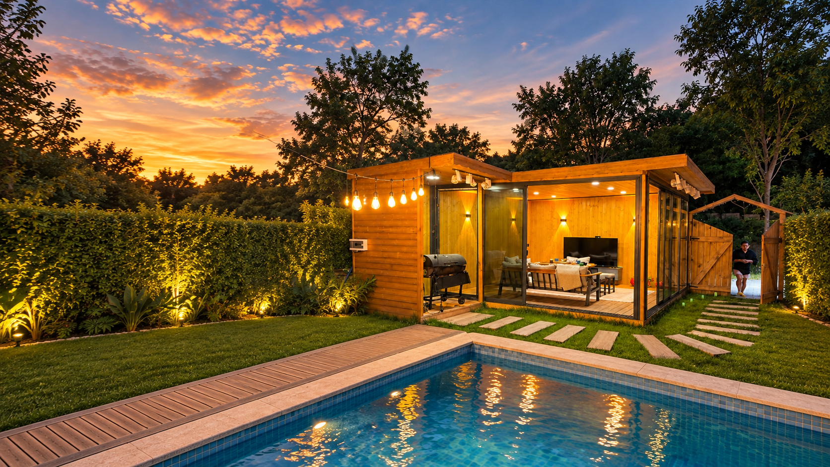 Havuz kenarındaki ahşap sauna