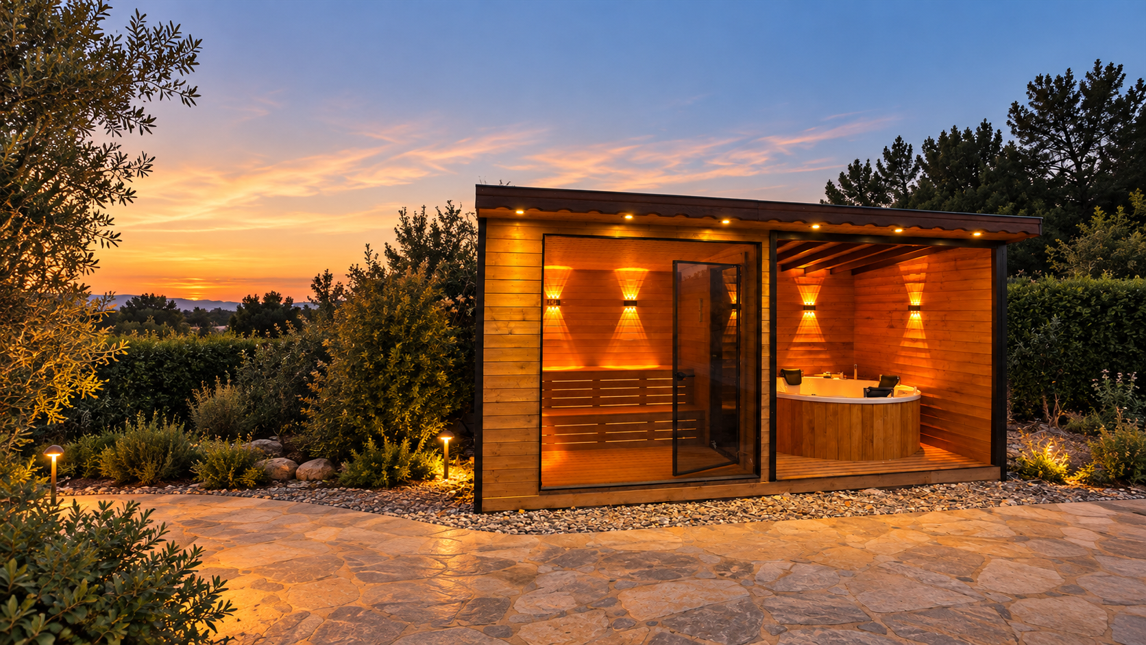 Aydınlatılmış sauna ve jakuzi yapısı